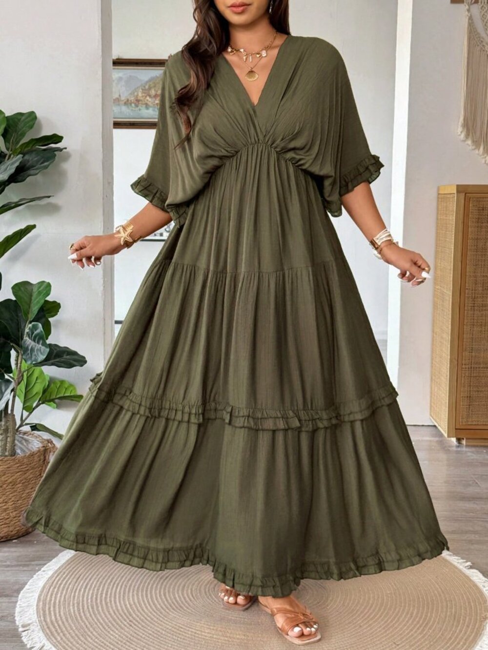 Army Green Casual Women's Plus Size Boho Ruffle V-Neck Maxi Dress - Picture 4 of 7